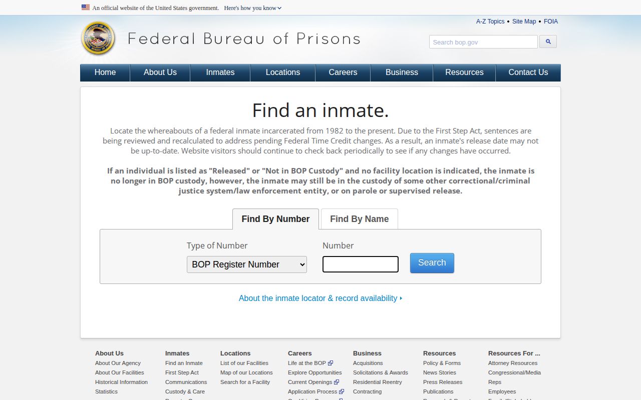 Columbia County federal release lookup on the BOP inmate locator