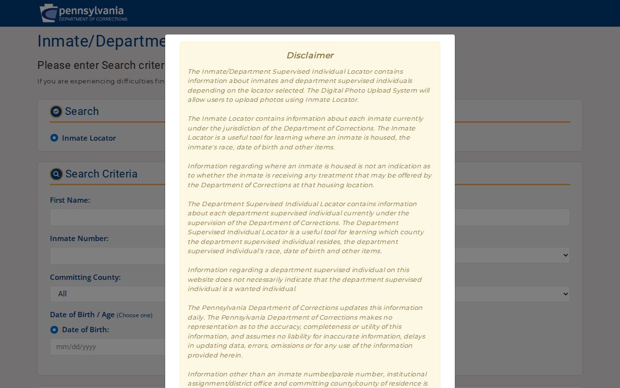 Columbia County released inmate PA DOC search form