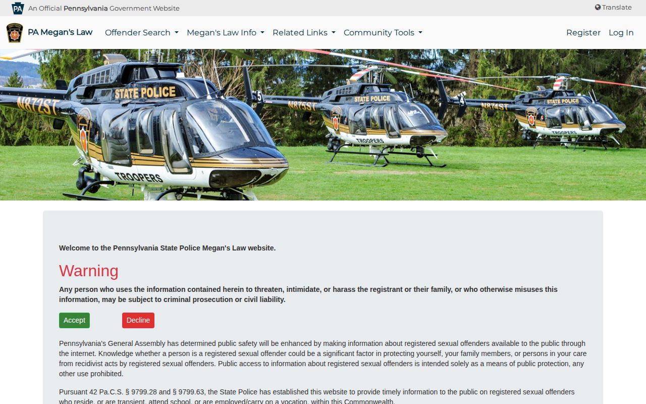 Pennsylvania registry photo search warning relevant to Columbia County released inmate mugshots